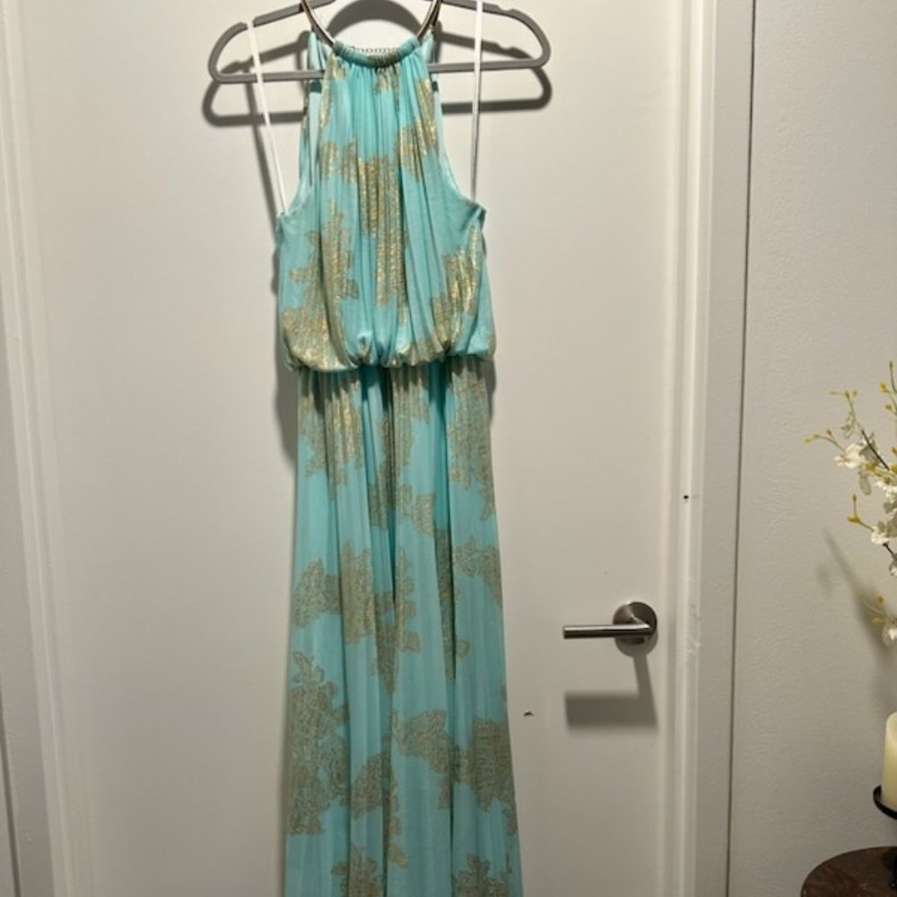 Xscape blue and gold pleated gown